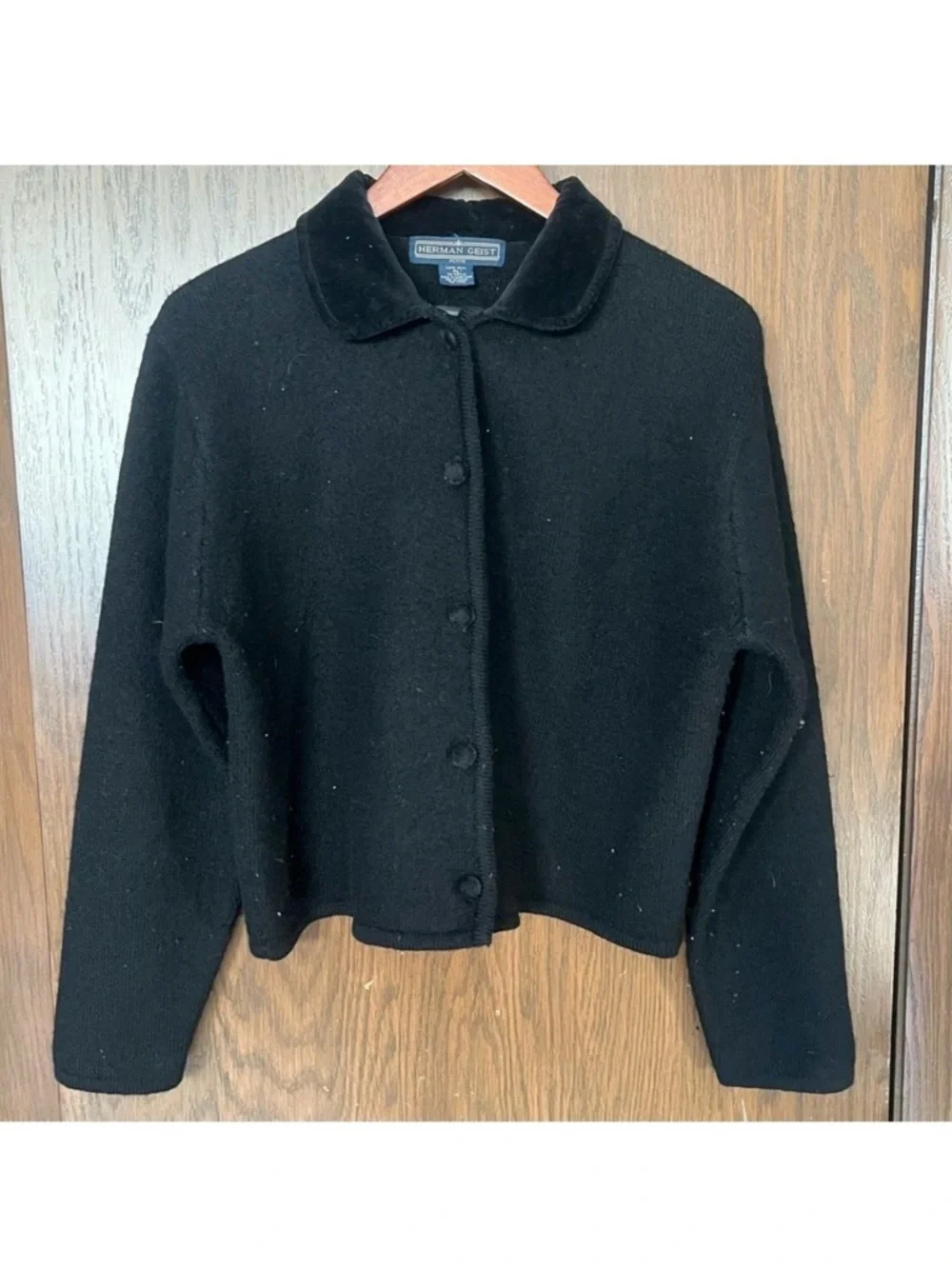 Vintage Herman Geist Black wool blend cardigan jacket with a velvet collar